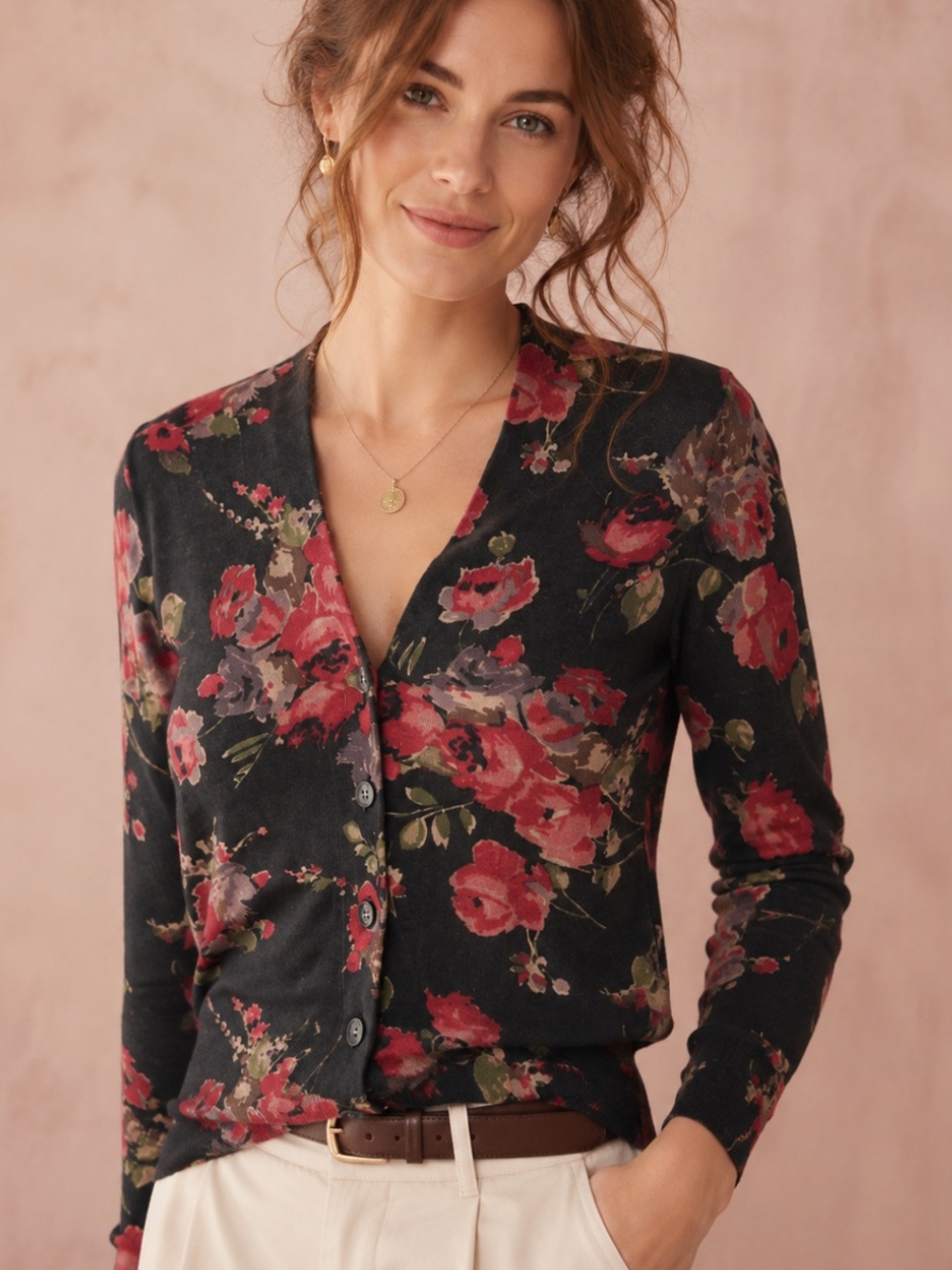Ralph Lauren Silk Cotton Dark Floral Cardigan S Black Pink Roses Cottagecore